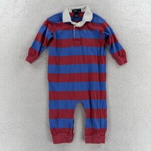 Polo Ralph Lauren Coverall Boys 24M Red Blue Stripe Rugby One Piece Long Sleeve